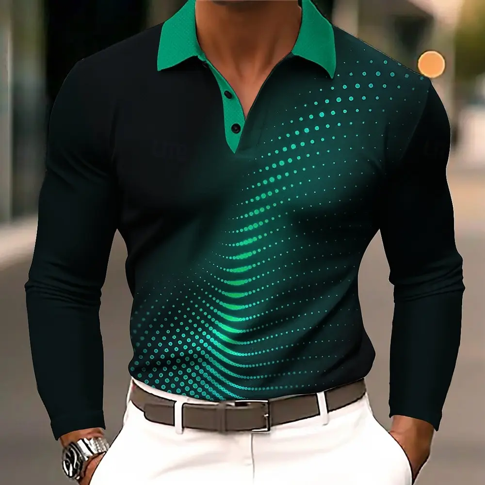 Men's Geometric Abstract Polo Long Sleeve Polo Shirts Lapel Casual Business Daily Wear 3D Print Buttons Spring Fall