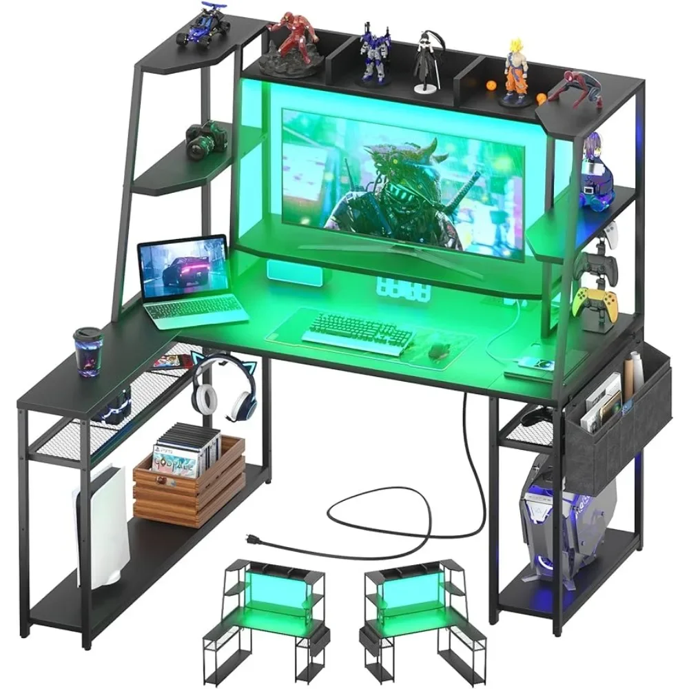 

L Shaped Gaming Desk with Hutch & Shelves 47'' Gaming Computer Desk with LED Lights & Power Strips Reversible PC Gaming Desk