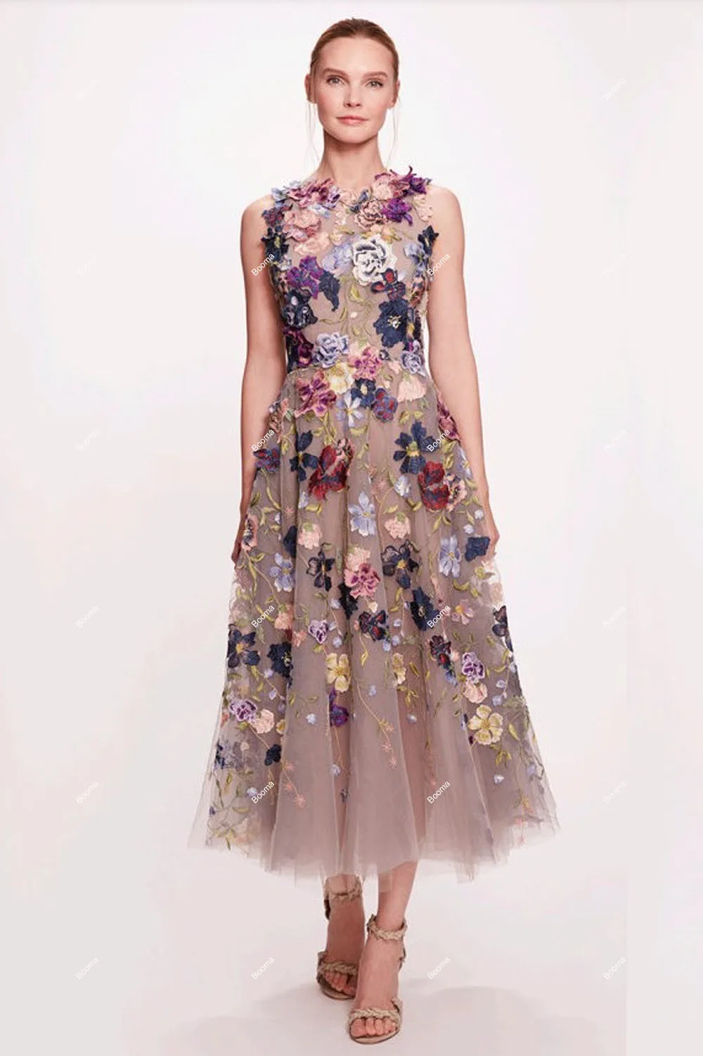 Booma A-line Floral Midi Prom Dresses Sleevless O Neck Appliques Homecoming Party Gowns 3D Flowers Evening Dress for Women