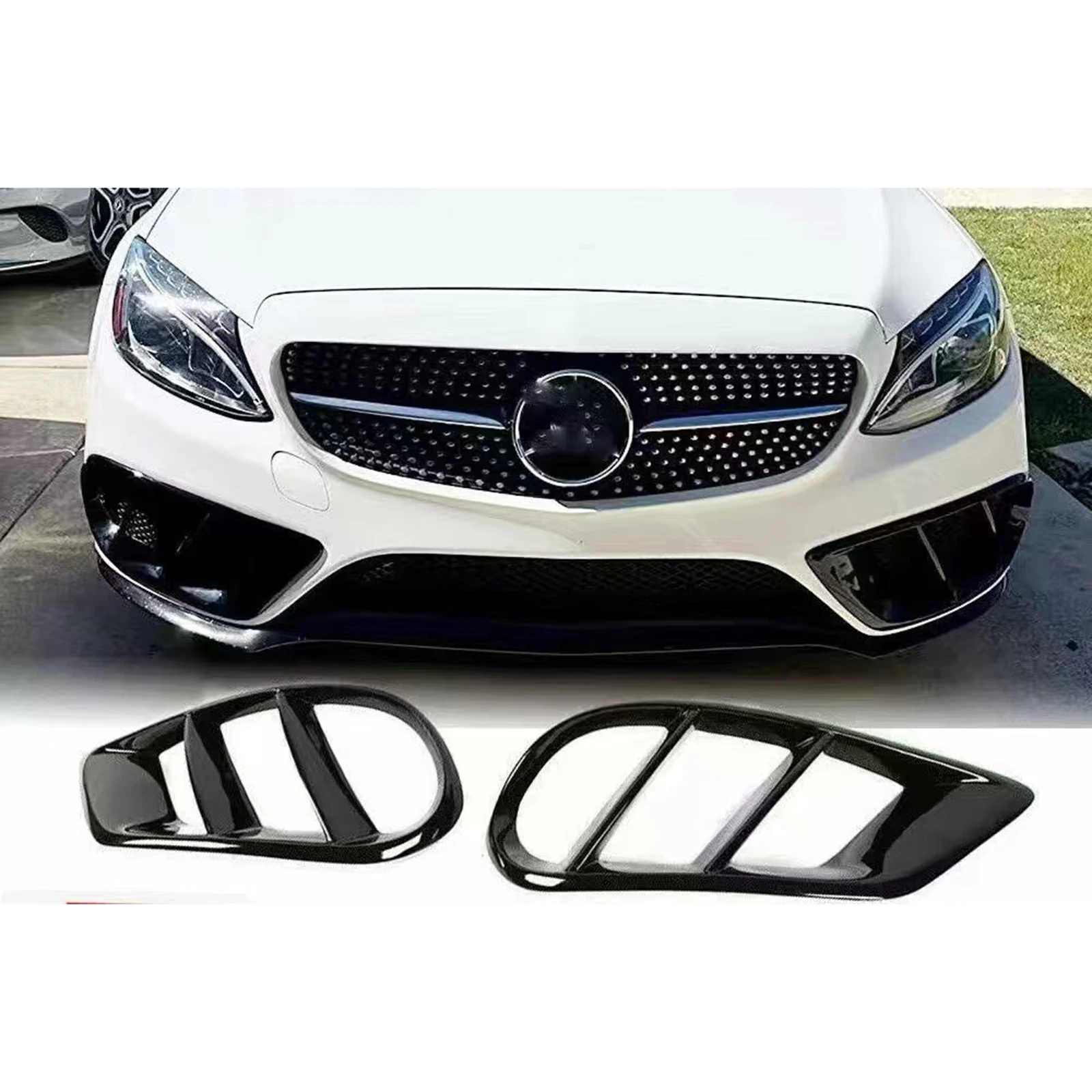 

Gloss Black Front Bumper Air Vent Outlet Fog Light Lamp Cover Lower Grille Grill Trim For Mercedes Benz W205 C250 C43 2015-2017