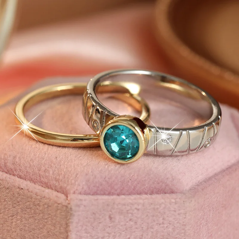 2pcs/set Women's Contrasting Color Layered Ring Set Inlaid with Round Synthetic Zircon Simple and Versatile Ring Accessory