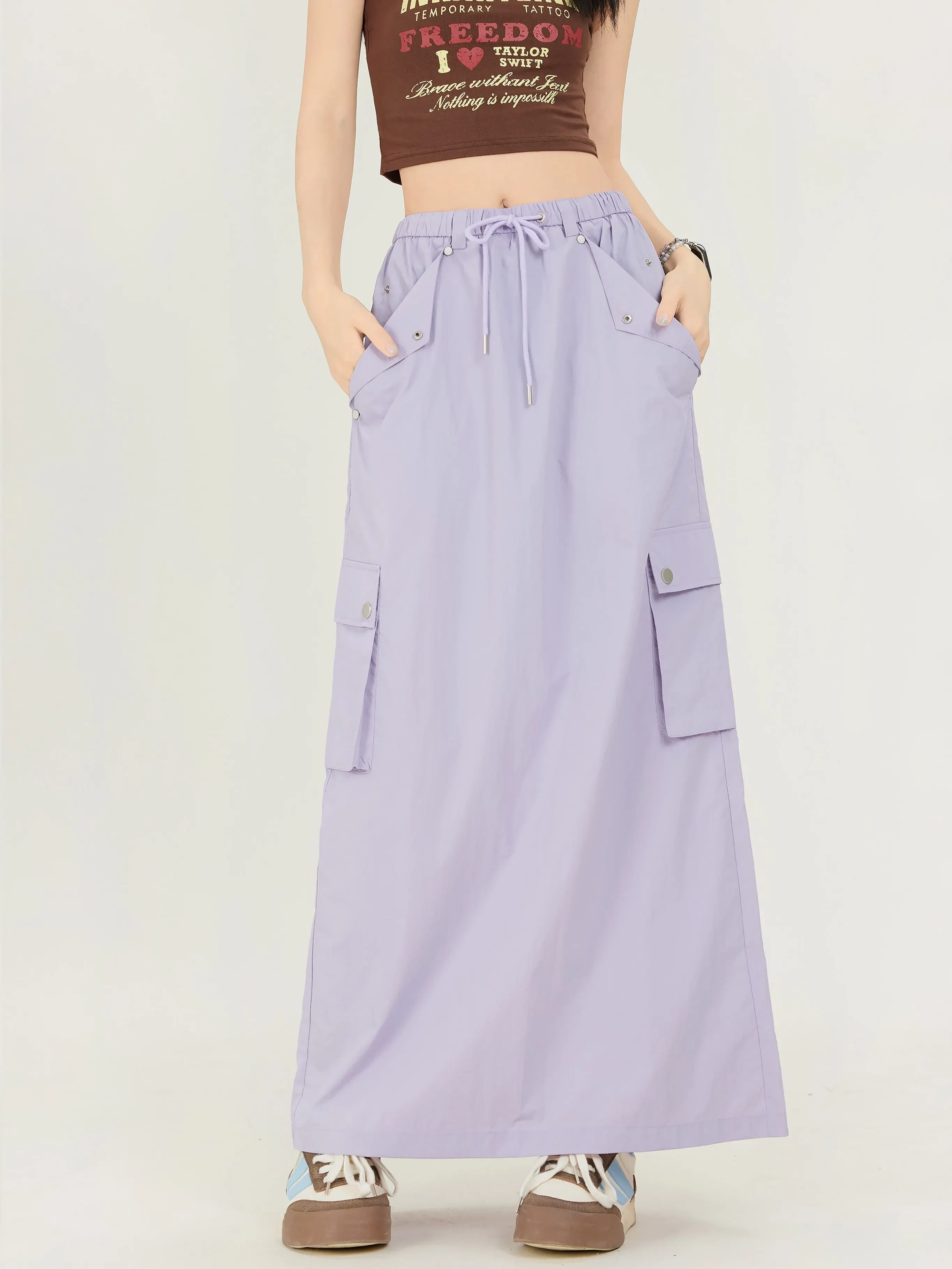 Purple Casual Long Cargo Skirts Women Stitching Vintage Baggy Streetwear Outfits Split Fashion Low Waist Loose Skirt 2022 New