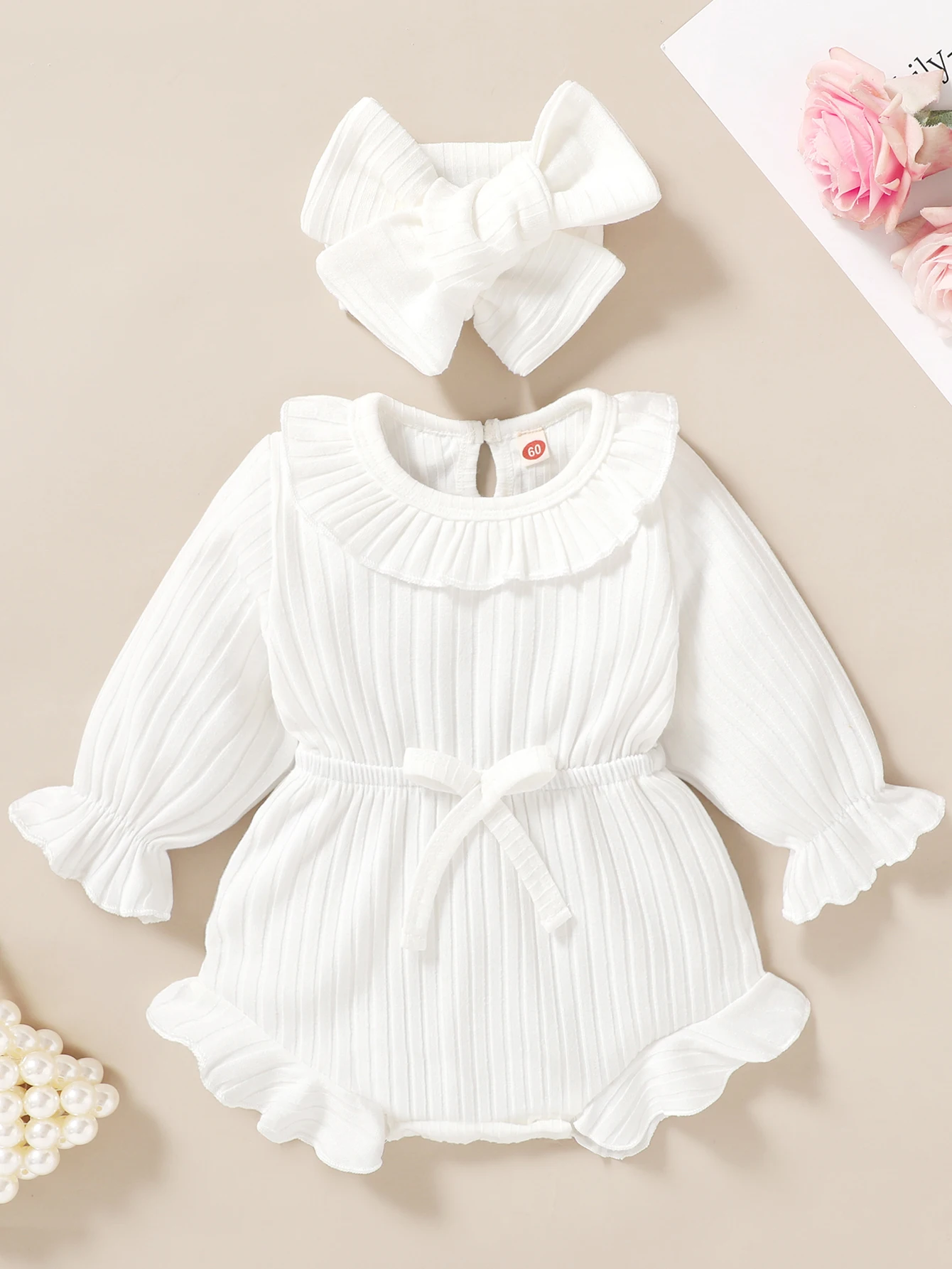 

Baby Girl Ruffle Bodysuit and Headband Set, Infant Bow Front Romper, Flare Sleeve, 2Pcs Outfit