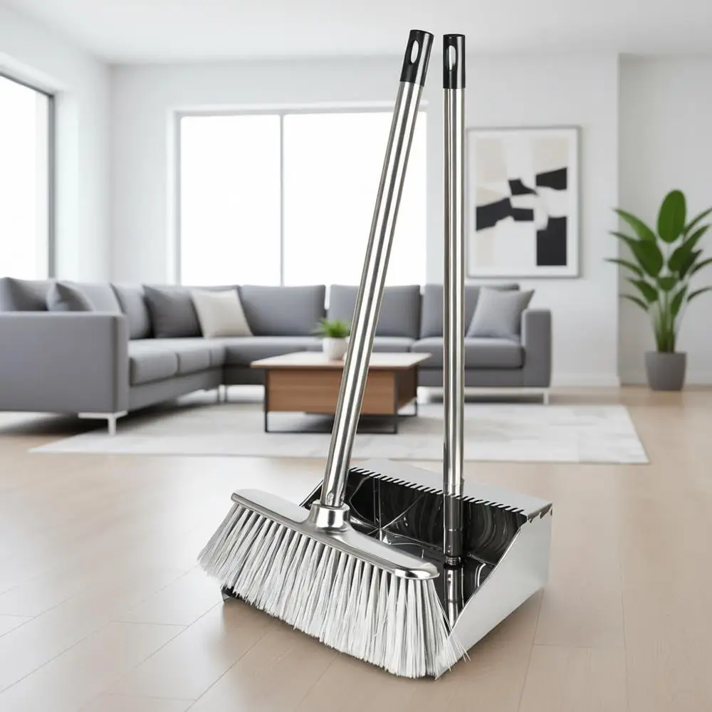 

Металлический совок с щеткой, набор с длинной ручкой из нержавеющей стали, прочный вертикальный совок с зубцами, для использования в помещении и на улице