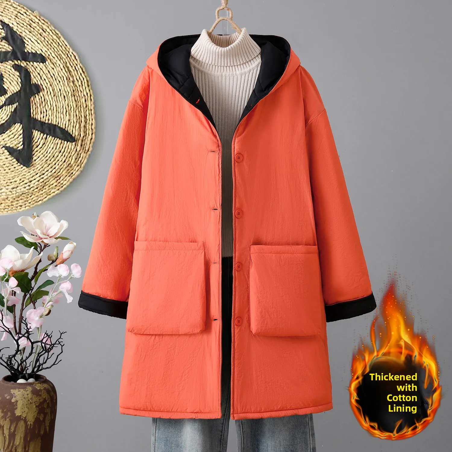 

Утепленный хлопково-льняной жакет средней длины, свободный теплый кардиган, женский зимний новый стиль, повседневный стиль, с длинным рукавом