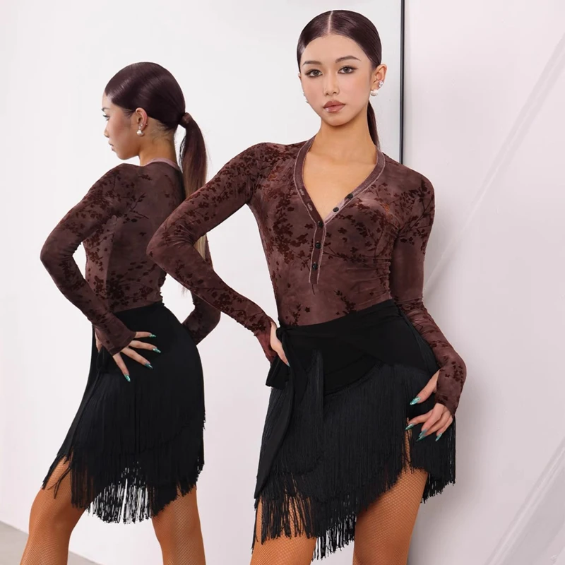 

Latin Dance Tops Adult Women Cha Cha Rumba Salsa Dance Clothes Practice Wear V Neck Long Sleeves Leotards Black Pants BL14459