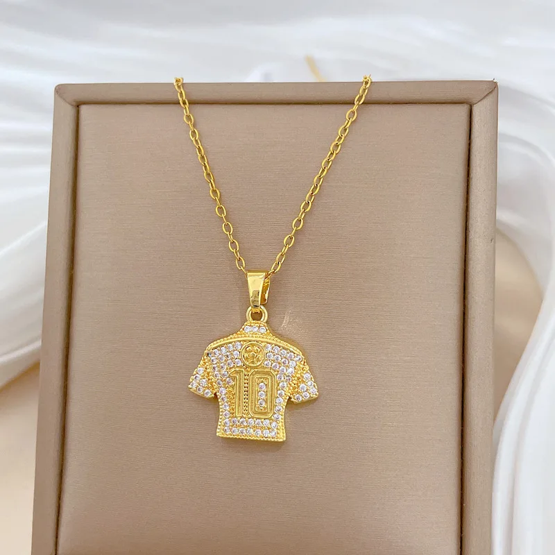 Creative Fashion Gold Color Stainless Steel Jersey No. 10 Zircon Pendant Necklace for Women Personality Football Collar Jewelry
