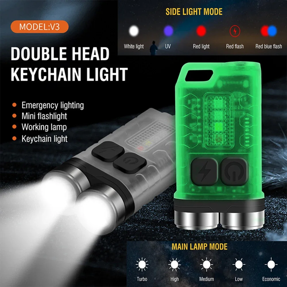 LED Keychain Portable Flashlight Work Light Type-C Rechargeable Mini Torch with Magnet Camping Pocket Lantern Waterproof