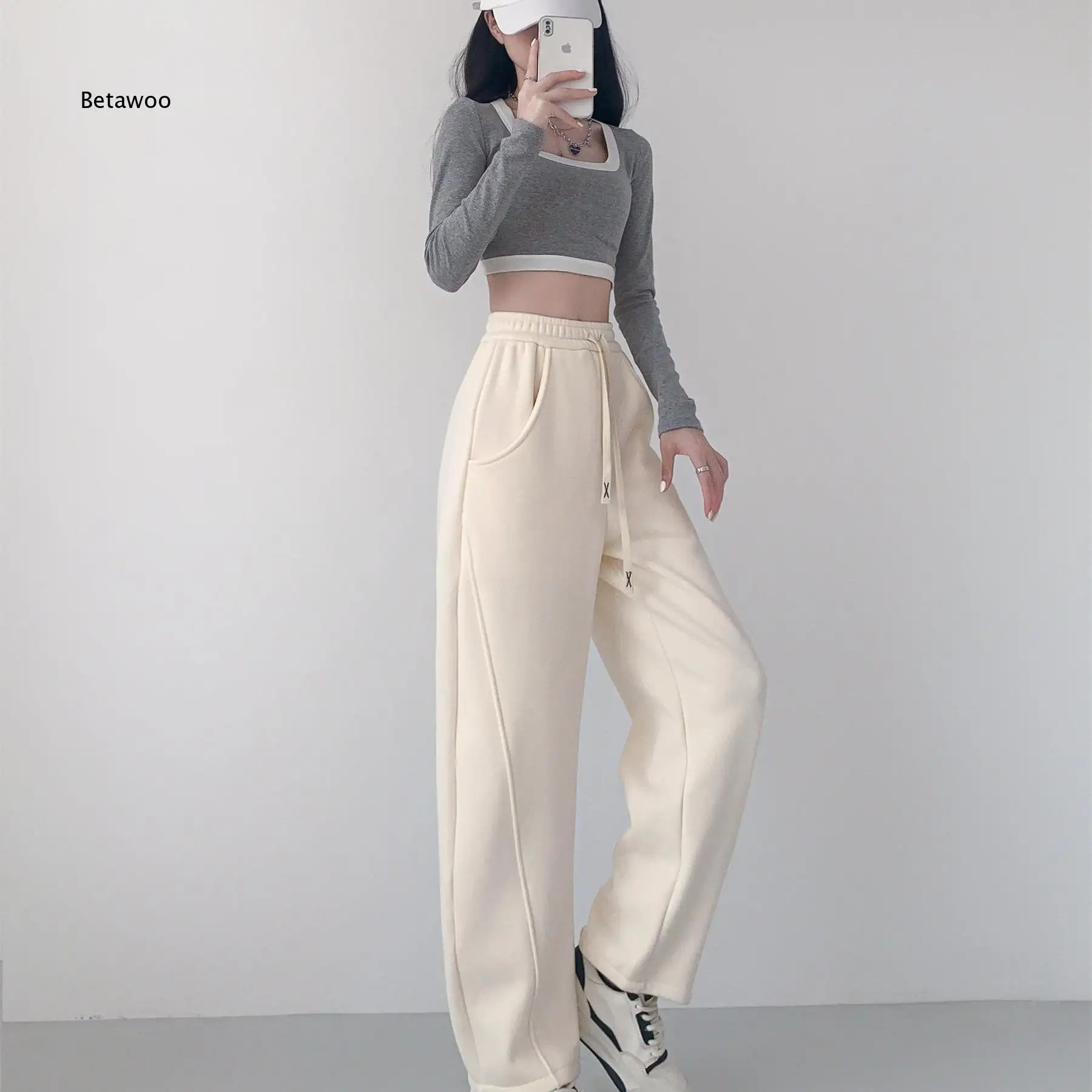 Women Fleece Lined Wide Leg Sweatpants Straight Casual Trousers For Petite Figures Loose Comfort Warm Banana Pants Suitable