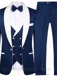 3 Pieces Splicing Men‘s Suits  White Shawl Lapel Casual Tuxedos Suits Men (Blazer+Vest+Pants) For Wedding Groomsmen