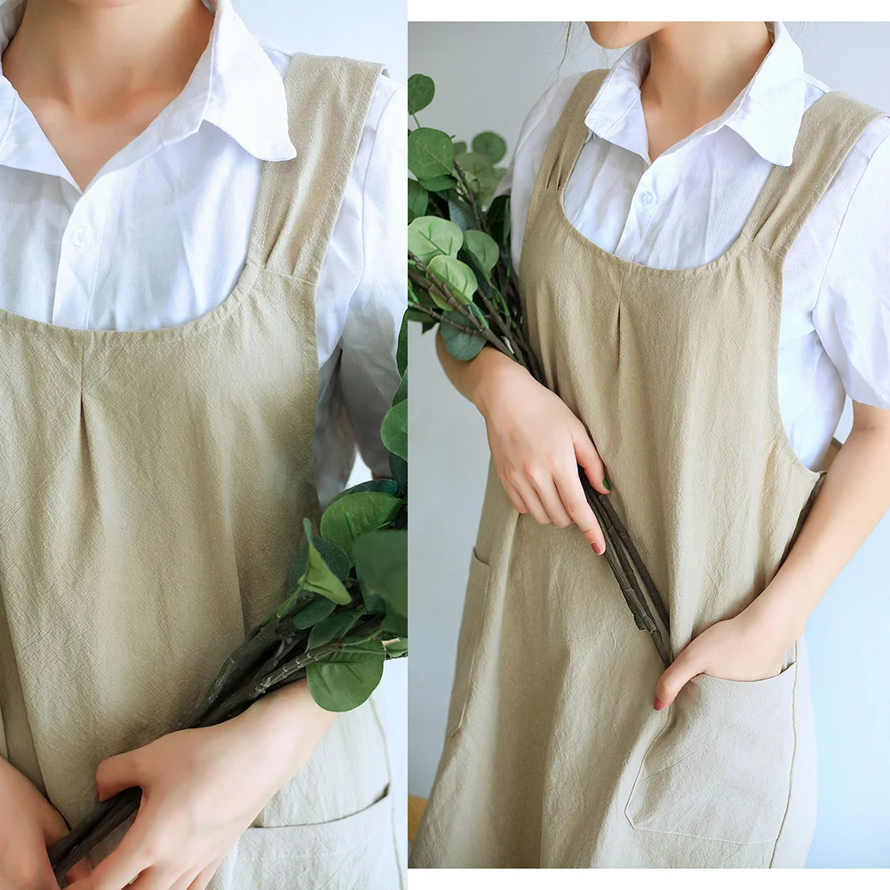 

Apron for Kitchen Cotton Linen Sleeveless Cooking Cleaning Home Restaurant Hotel Daily Use (Khaki) Cooking Apron