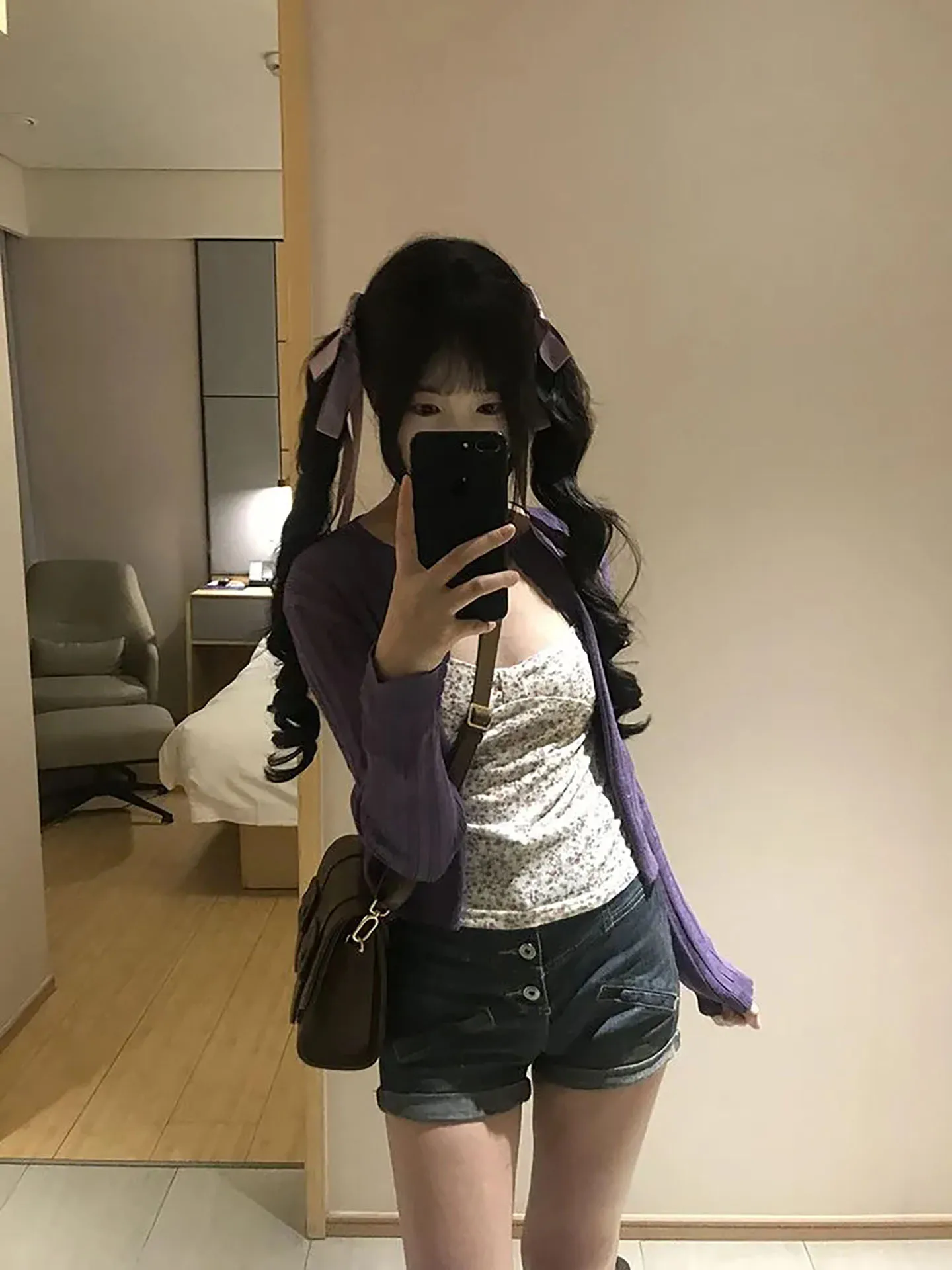 

Spring 2026 New Purple Knitted Floral Sweet Soft Spicy Halter Top And Cardigan Set Women's Fashion Casual Two-Piece Set