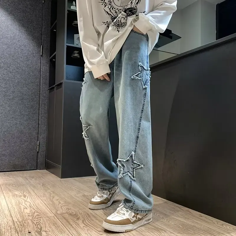 

2023 Y2K Fashion Washed Blue New Jeans Kpop Pants Men Clothing Star Embroidery Straight Korean Casual Denim Trousers Ropa Hombre