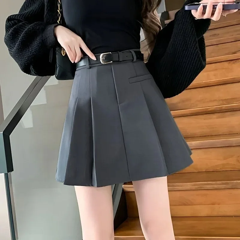 Nice Gray Women's Skirts Shorts With Belt  Fall High Waist Elegant Fashion Office Work Short Pants New
