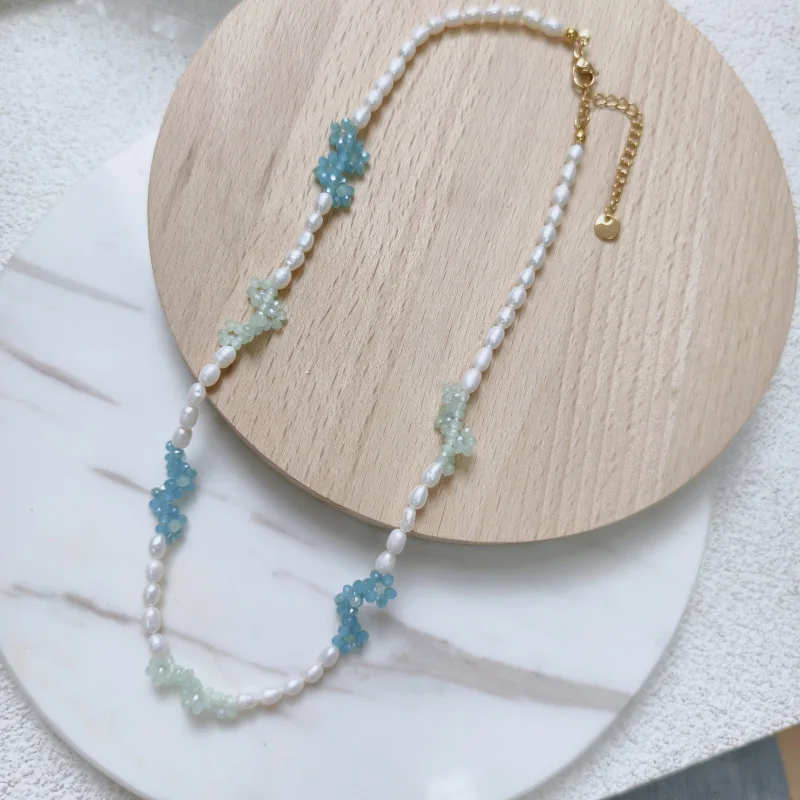 Natural Irrugular Oval Freshwater Pearl Color Gravel Stone Woven Flower Beaded Splicing Necklace Sweet Handmade Clavicle Chain