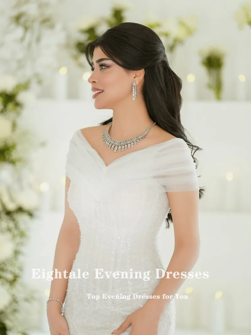 Robe de mariée arabe de quatre-quarts, épaules dénudées, dentelle, perles, personnalisée, blanc ivoire, robe de mariée musulmane, robe de soirée sirène