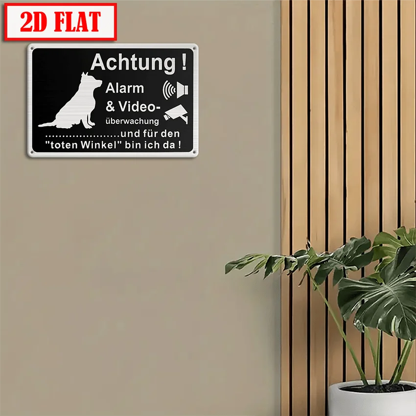 2D Flat, 1pc German Alarm & Video Surveillance Dog Warning Sign - or Drill-Mounted (4 Holes) 30x20cm/12