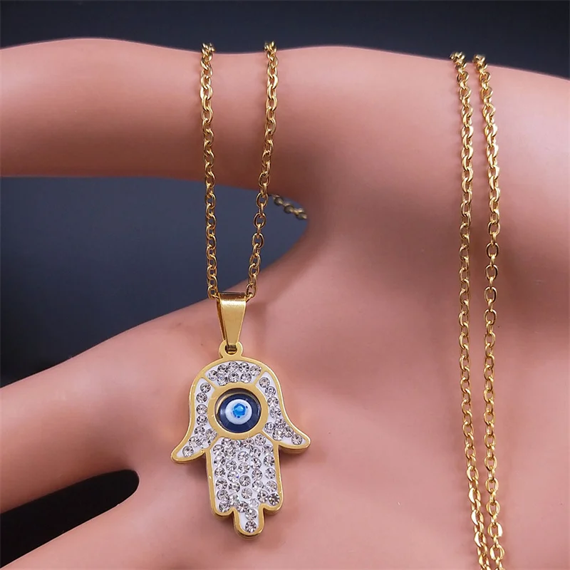 Greek Eye Fatima Hand Necklace for Women Men Stainless Steel Turkish Evil Blue Eye Protection Chain Islamic Jewelry  N8041S01