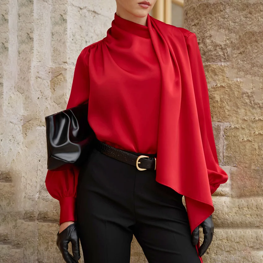 

Linad элегантная атласная белая женская блузка с рукавами-фонариками, осенняя уличная рубашка с ворсовым воротником винно-красного цвета, модные шелковые топы, женские 2025