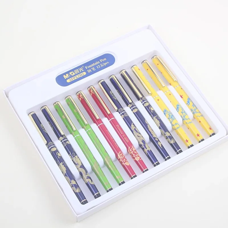 M & G Dragão Padrão Fountain Pen, estilo chinês, Metal Student Dark Tip Pen, material escolar