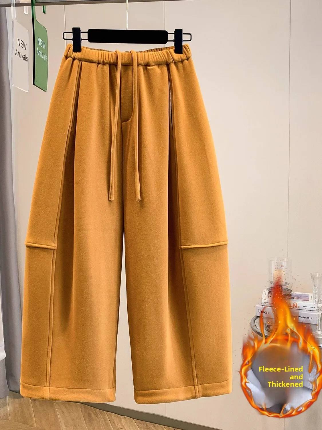 

Брюки с высокой талией и широкими штанинами, зимние, новая модель, на флисовой подкладке, из шерстяной смеси, укороченные, больших размеров, женские, повседневные, стильные.