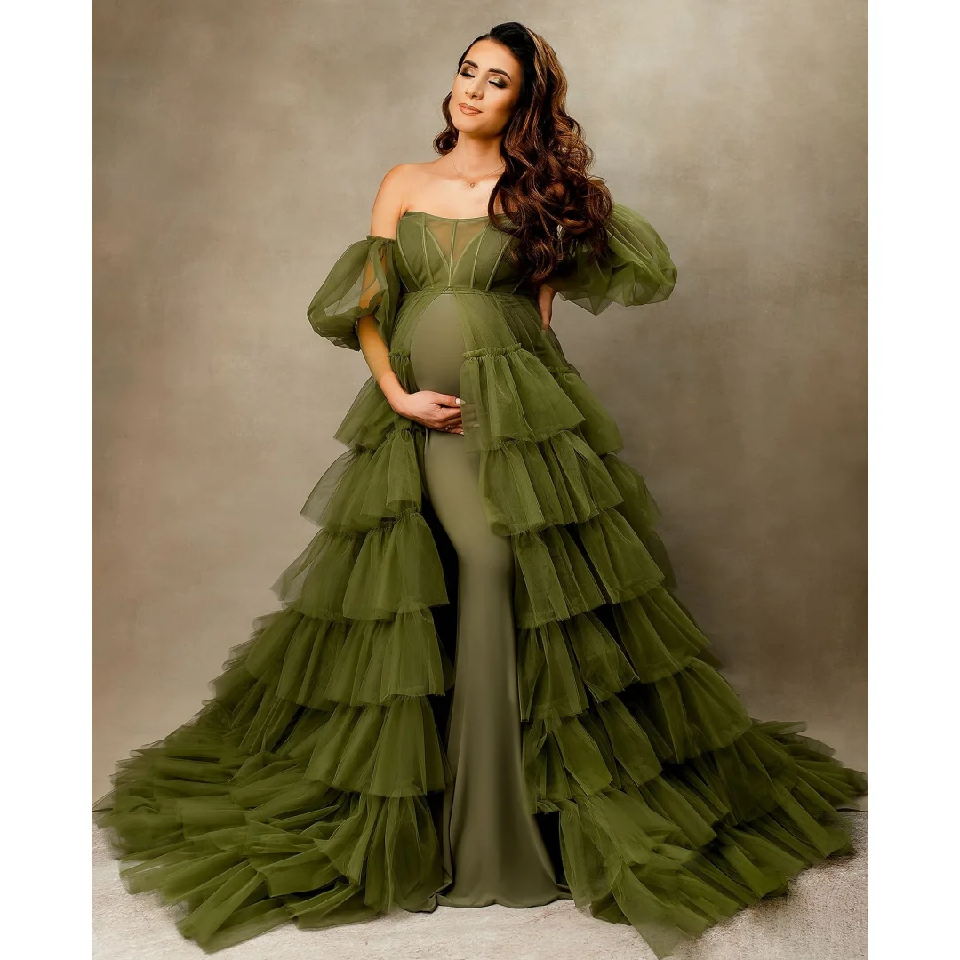 Robes de bal à couches vertes avec doublure, robe de maternité personnalisée, style Boho, grande taille, accessoires de photographie