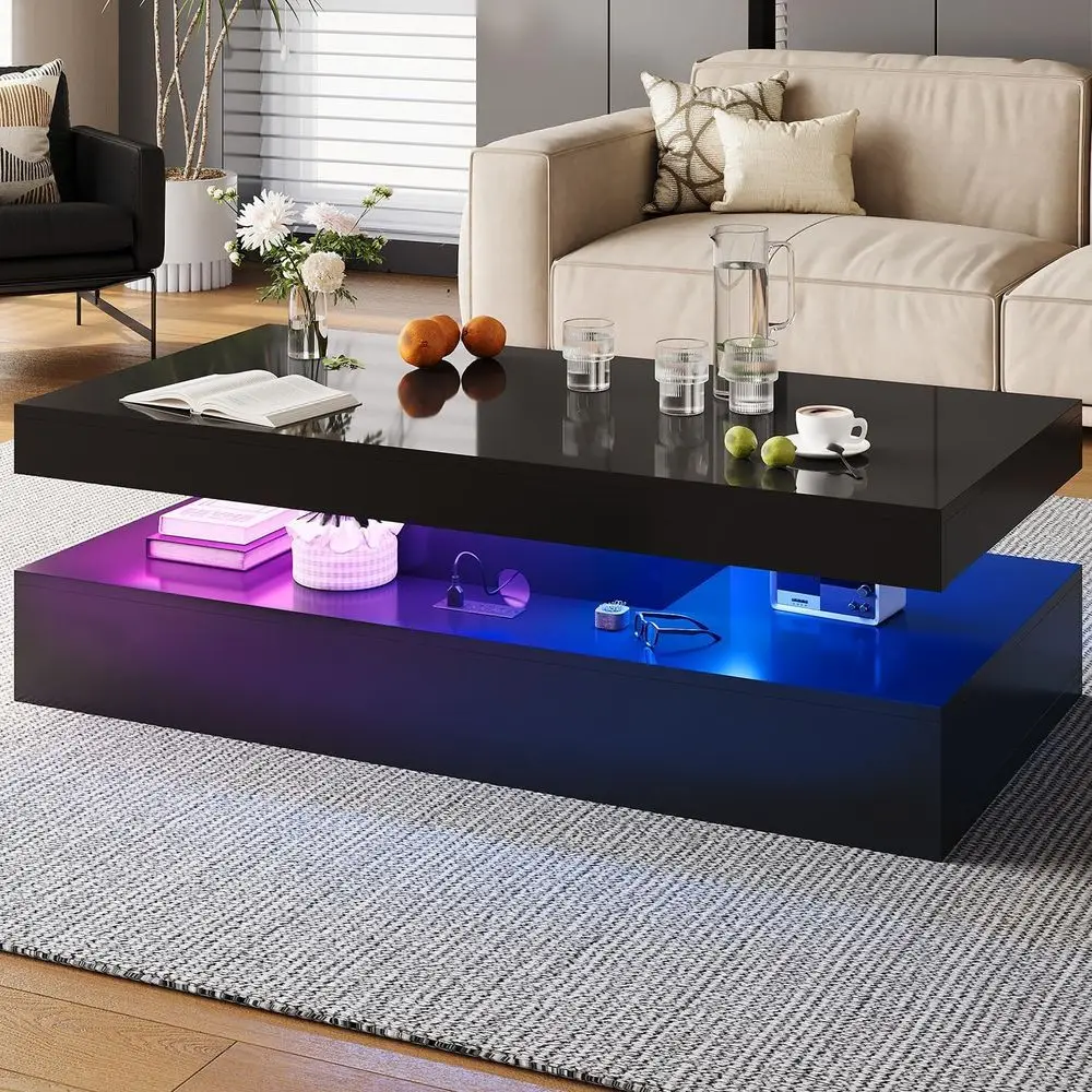 47” High-Glossy LED Coee Tale with 2 Sliding Ders, Living Room StoraCoee Tales, ern Stylish Doule-Layer Center Tales with LED Li