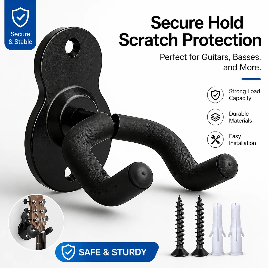 Space Saving Guitar Wall Mount Hanger Heavy Duty Black Metal Hook for Acoustic Electric Bass Guitar Home Studio Decor
