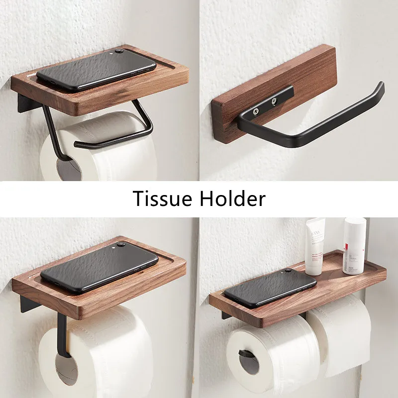 

1PCS Toilet Paper Holder Walnut Wood Paper Towel Holder Tissue Rack Wall mounted Storage Shelf for Kitchen Bathroom Accessories