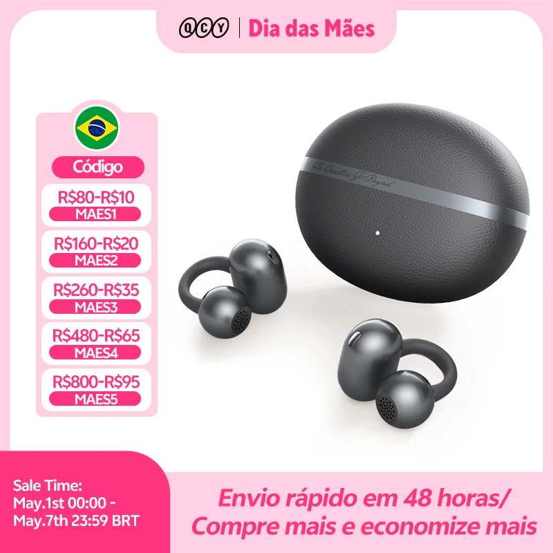 QCY Crossky C50 CT06 Fones de ouvido sem fio abertos Bluetooth 6.0 Ultra-confortáveis ​​com clipe para chamadas IA, reforço de graves, controle de volume adaptável, 35 horas de reprodução, esportes, corrida