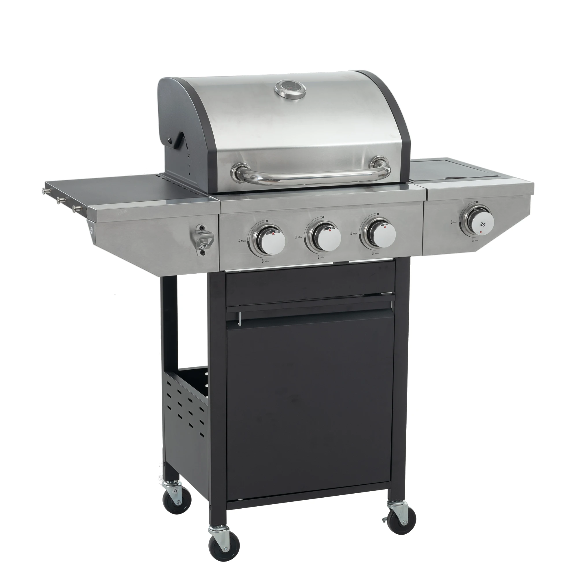 3+1 Burner Propane Gas Grill with Side Burner, Outdoor BBQ Grill with Stainless Steel Burners, Side Shelves & Wheels