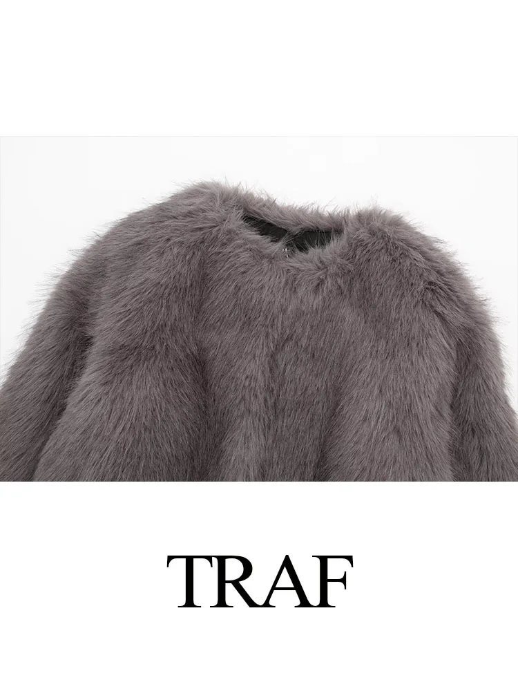 TRAF Winter Fashion Female Chic Grey Fur Coats Woman O-Neck Vintage Long Sleeve Loose Thikcen Streetwear Crop Tops High Street