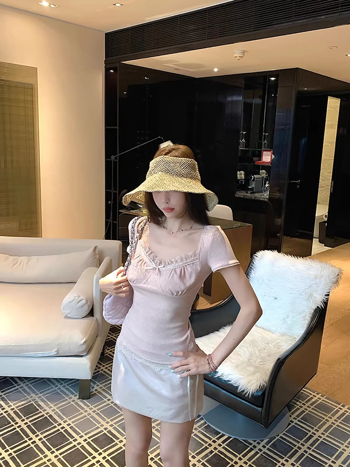 

Lace Splice Short Sleeve T-Shirt Pleated Slimming Half Skirt Summer Fashion Set Women's High Waist Pure Color Breathable