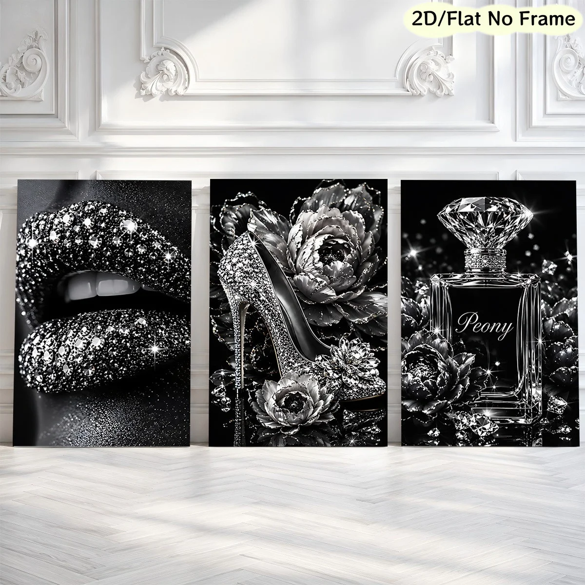 （Noframe 3PCS）-2D Flat, 2D/FLAT, Frameless, 3pcs Canvas Poster Set with Jewelry Lip Makeup, High Heels, and Floral Perfume Bo