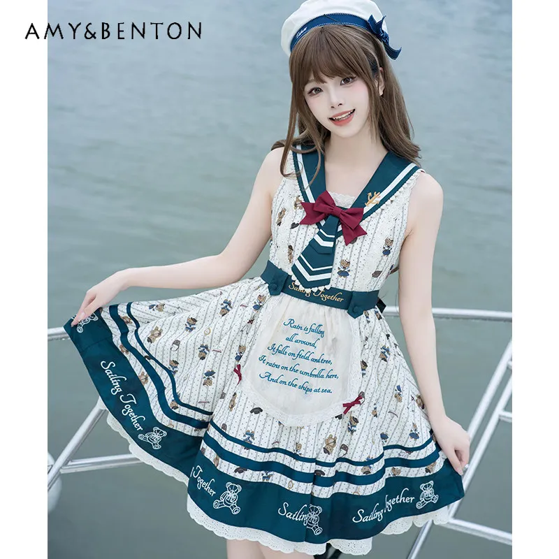 

2026 Summer New Naval Style Women's Blue and White Cartoon Bear Stripes Print Bow High Waist Suspender Lolita Dress