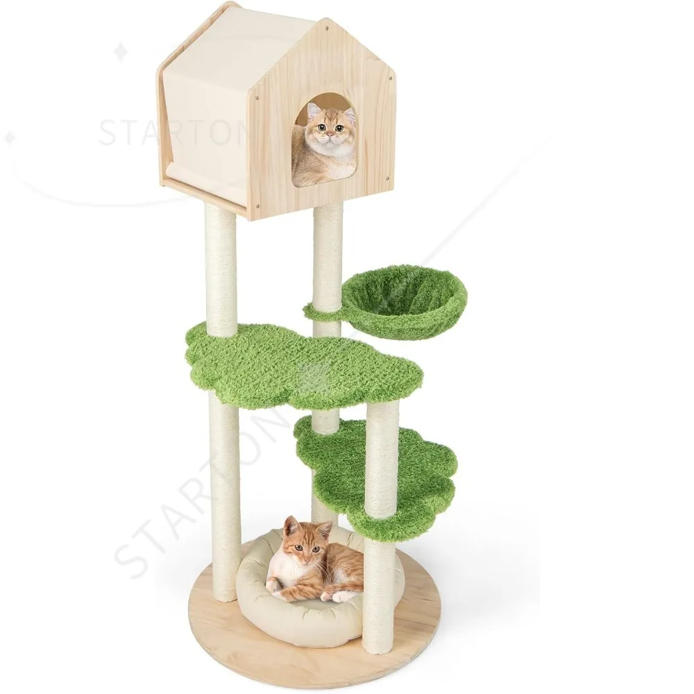 Cat Tree Tower, Multi-Level Modern Wood Cat Tower with Sisal Scratching Posts, Jumping Platforms