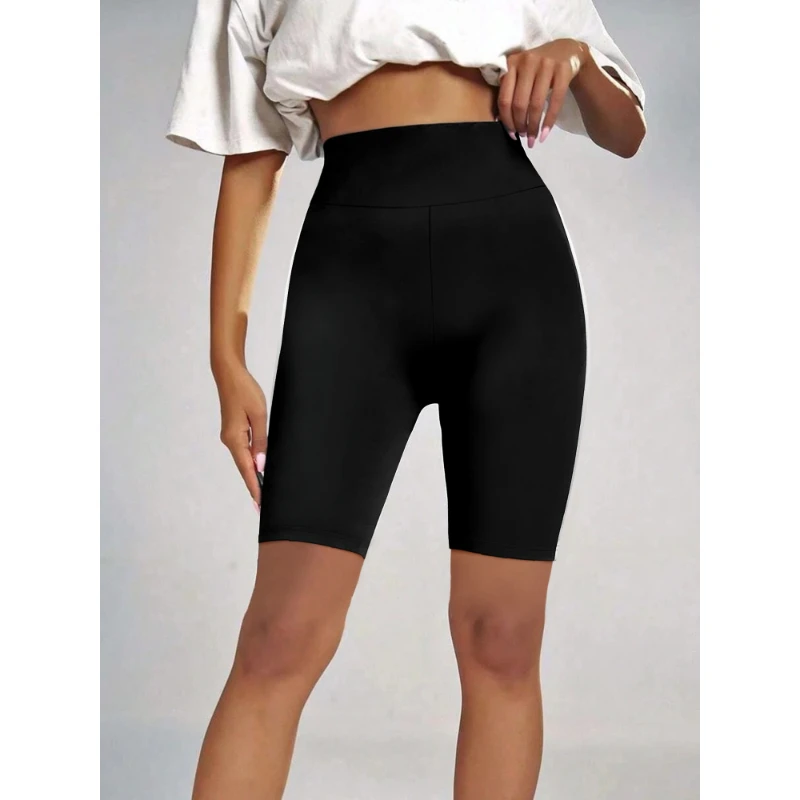 Female Shorts Simple Fashion Knitted Solid Colour Five Pants Trendy Side Stripe Design Ladies High Stretch Shorts