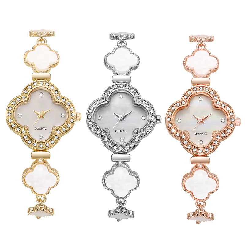 Four Leaf Clover Women Quartz Watch Featuring Mother of Pearl Dial Diamond Accented Retro Style Wristwatch for Ladies with Niche