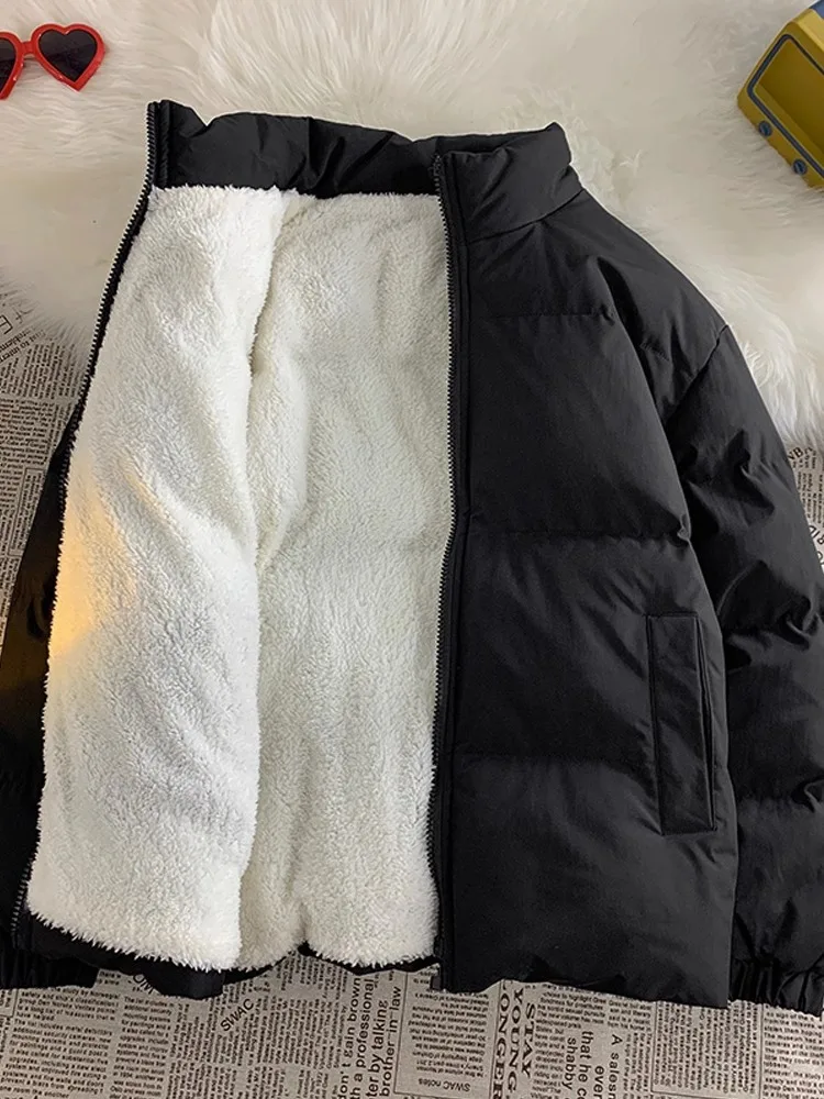 

Teenage Boys Winter Thiened Cotton Jaet Stand Collar Fluffy Loose Outerwear Casual Cleanfit Sle Pure Color Warmth