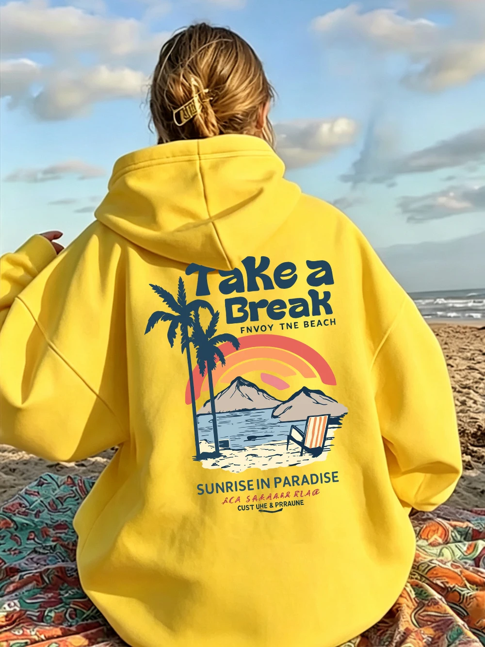 Take A Break Beach Coconut Tree Prints Hoodies Women Winter Loose Pocket Pullover Casual Jogging Sweatshirt Basic Fleece Clothes