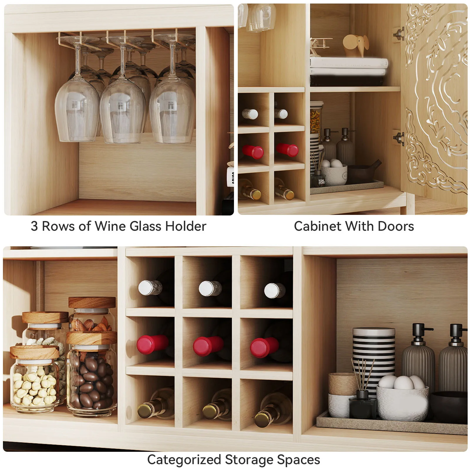 ตู้เก็บไวน์บาร์ 2 ประตู ทำจาก MDF ตู้เก็บของแบบบุฟเฟ่ต์ ตู้เก็บเหล้าพร้อมชั้นวางไวน์และที่แขวนแก้ว สำหรับห้องนั่งเล่น ห้องรับประทานอาหาร และห้องครัว