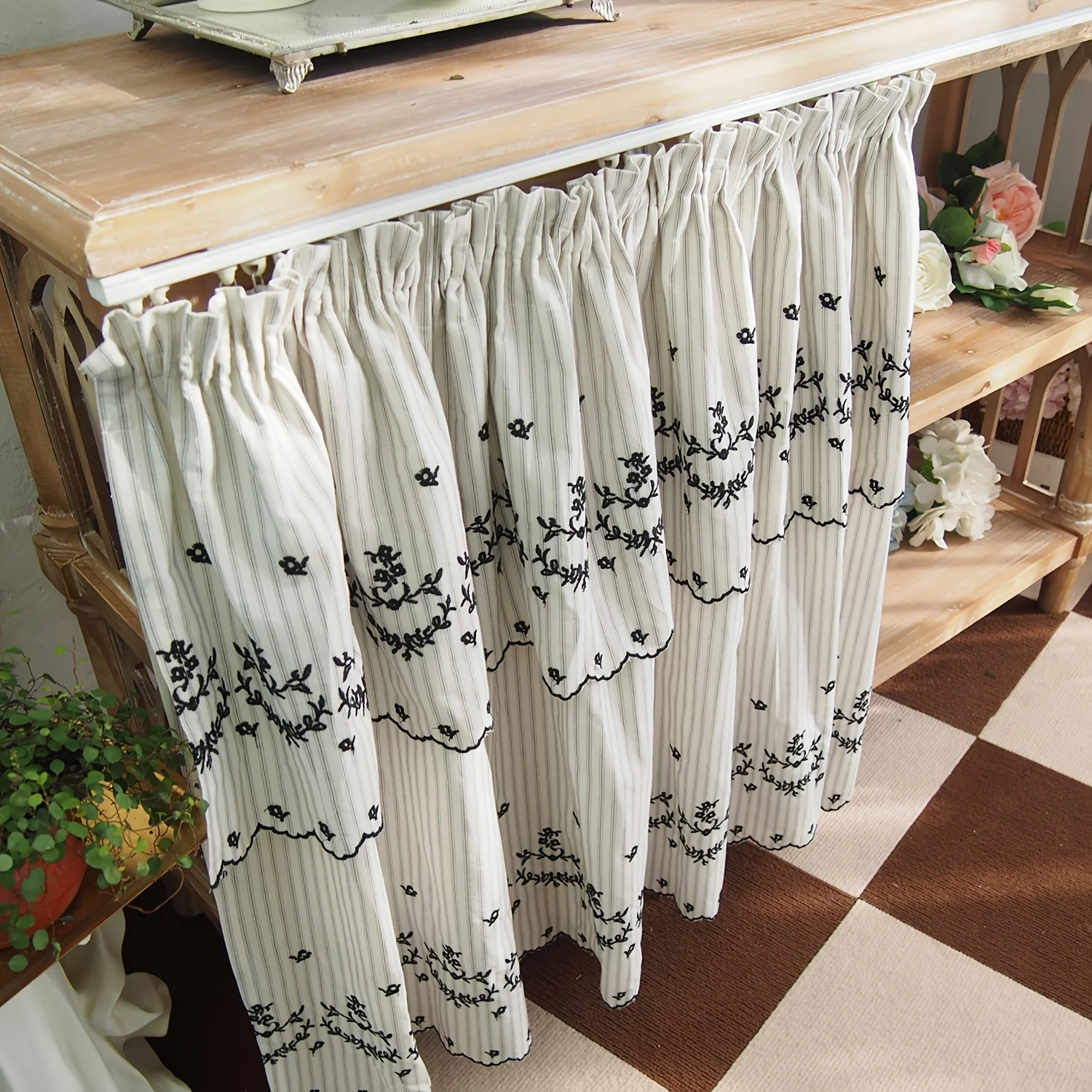 American Country Style Double-Layer Pull-Pleated Tape Curtains,Vertical stripe Fabric Curtain Featuring Black Embroidered Flower