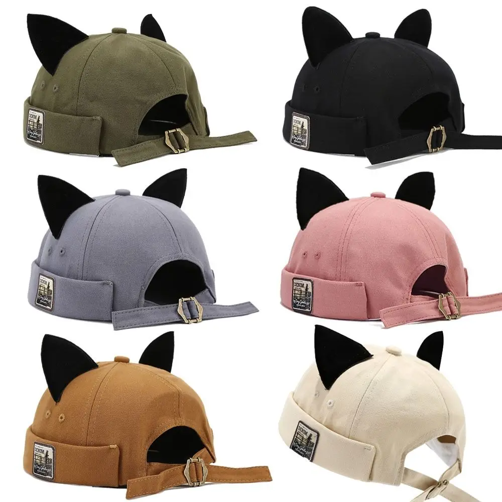 

Fashion Cute Cat Ears Brimless Hat Adjustable Hip Hop Melon Docker Cap Solid Color Rolled Cuff Retro Skullcap Outdoor Daily