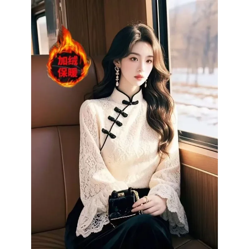 

Новый белый кружевной топ в китайском стиле для женщин, зимняя дизайнерская рубашка в стиле ретро с нижним дном