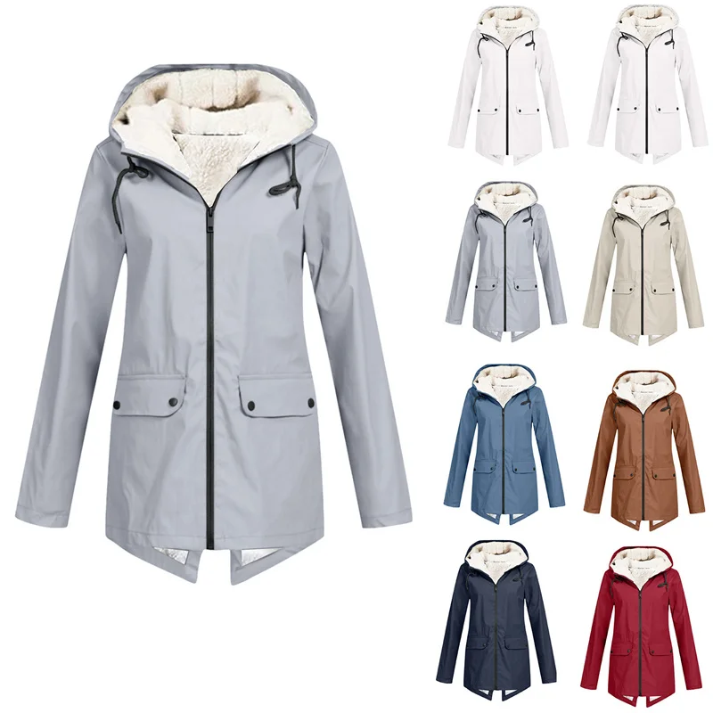Outdoor Trench Coat Women Windbreaker Waterproof Hooded Outerwear Velvet Thicken Overcoat Zip-up Streetwear Autumn Winter 2025