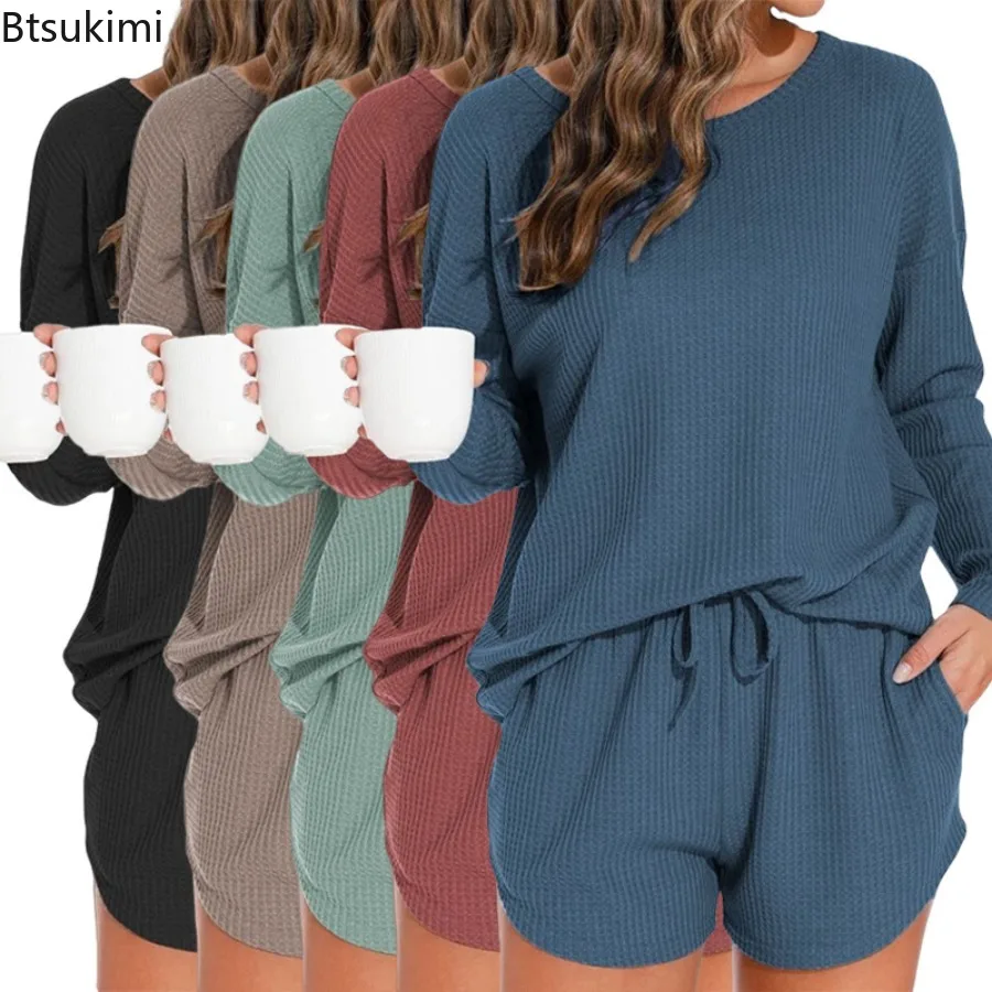 Waffle Knitted Solid Women's Pajama Set Long Sleeve O Neck Top and Drawstring Shorts Female 2 Pcs Sleepwear Nightwear Homewear