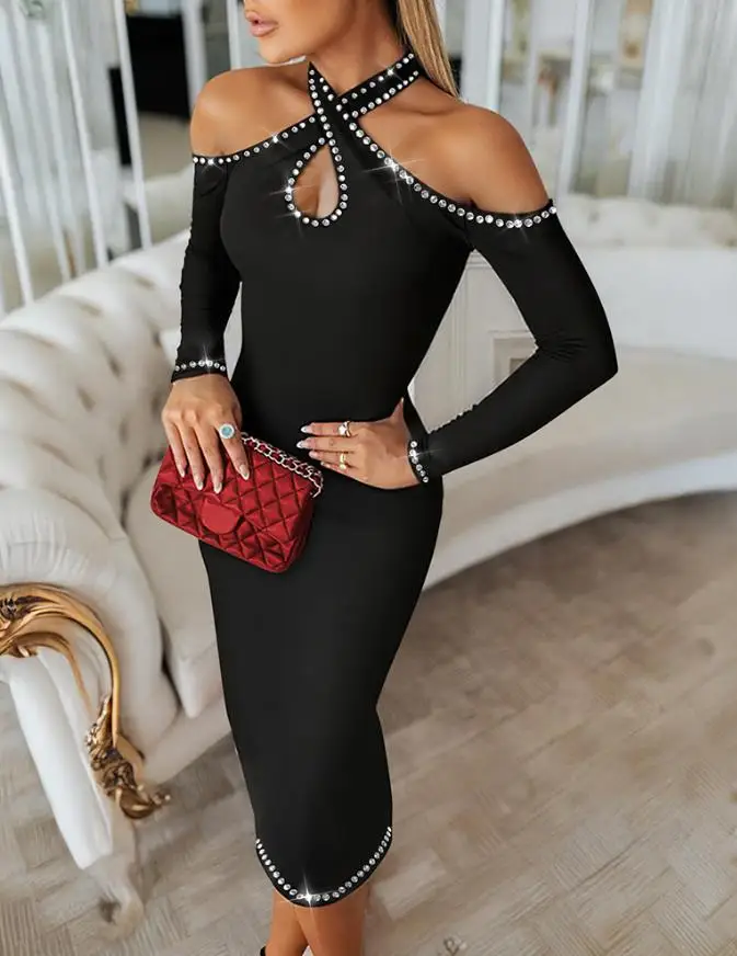 エレガントなロングスリーブ、コールドショルダー、ボディコンドレス、ラインストーン装飾のホルターネックミディドレス、パーティーやイブニングウェアに