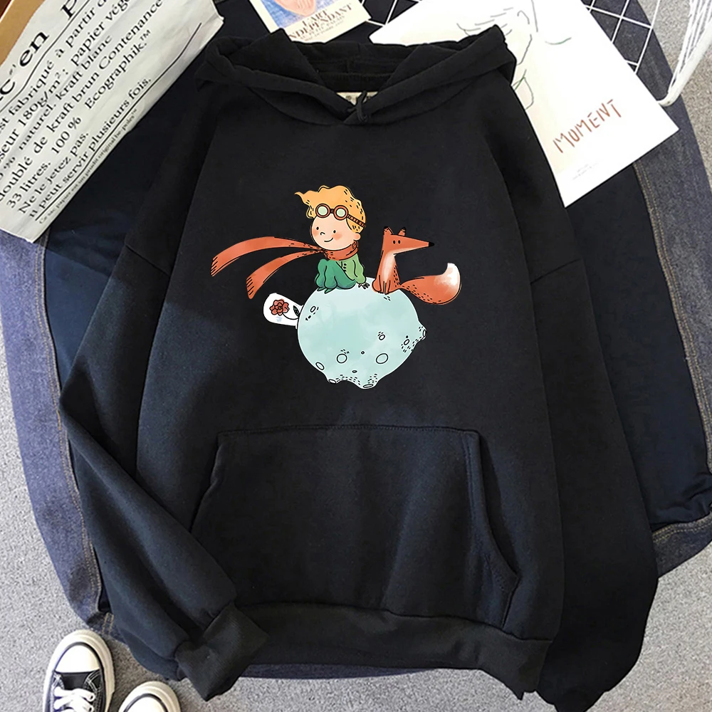 

Little Prince Hoodie Fox and Rose Printing Hoody Women Kawaii Clothes Female Oversized Sweatshirts Spring Long Sleeve Pullovers