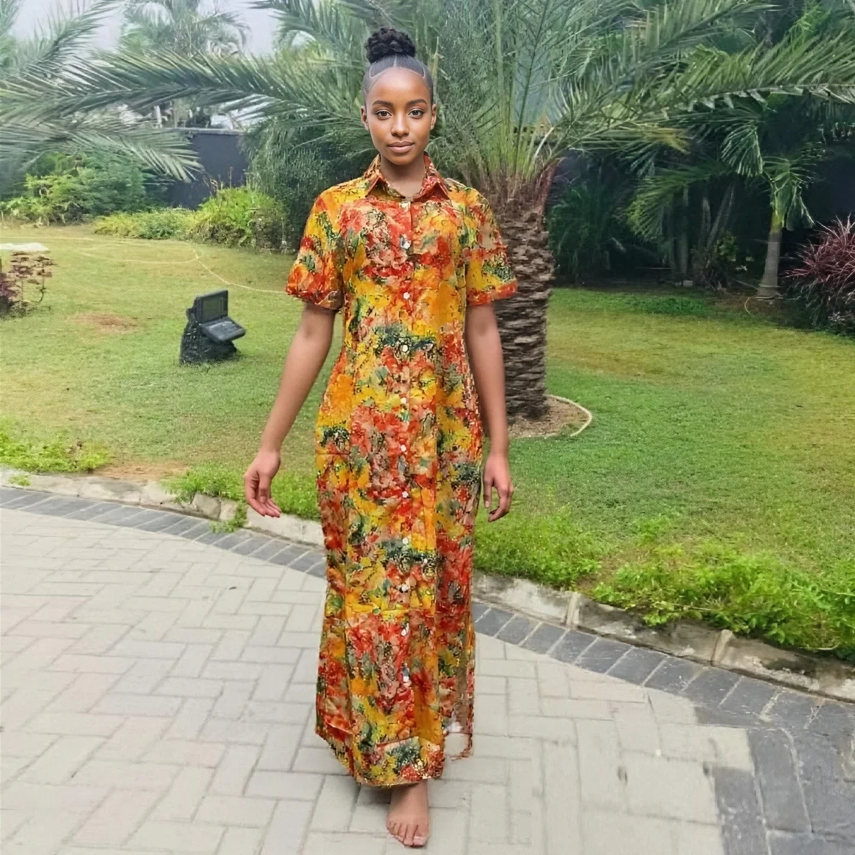 

2025 New Fashion Loose Casual Button African Ethnic Summer Printed Women's Plus Size Polyester Shirt Dress