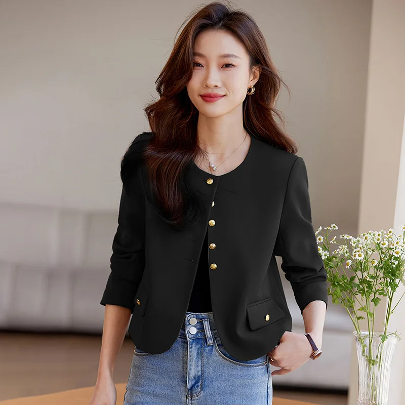 Blazer pendek wanita, baju kantor kancing sebaris kerah O Musim Semi 2025 elegan modis hitam putih cokelat